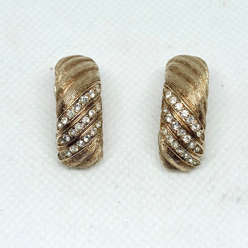 Christian Dior Gold Tone Clip-On Earrings Textured with Crystals Vintage Stamped